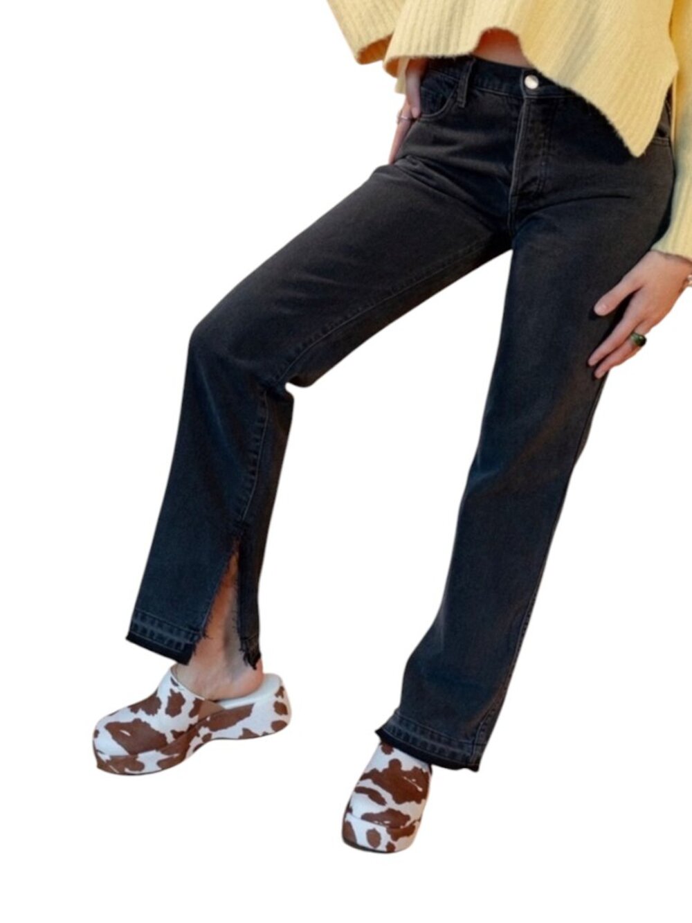 Lisa Says Gah Jeans Denim Pants Button Fly Straight Leg Slit Hem Black 12 NWT